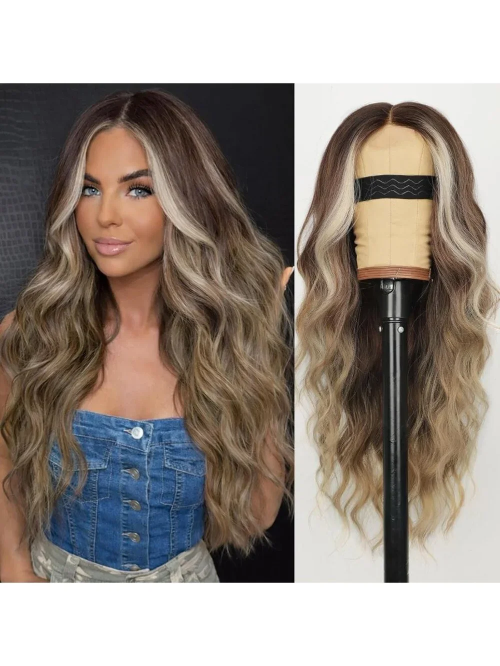 Women's Brown Balayage Lace Hairline 26 Inch Synthetic Heat Resistant Wavy Wigs